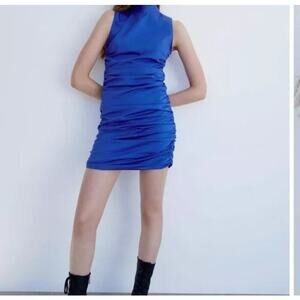 Zara Blue Stretch Poplin Mock Neck Ruched Sleeveless Mini Dress Size XS